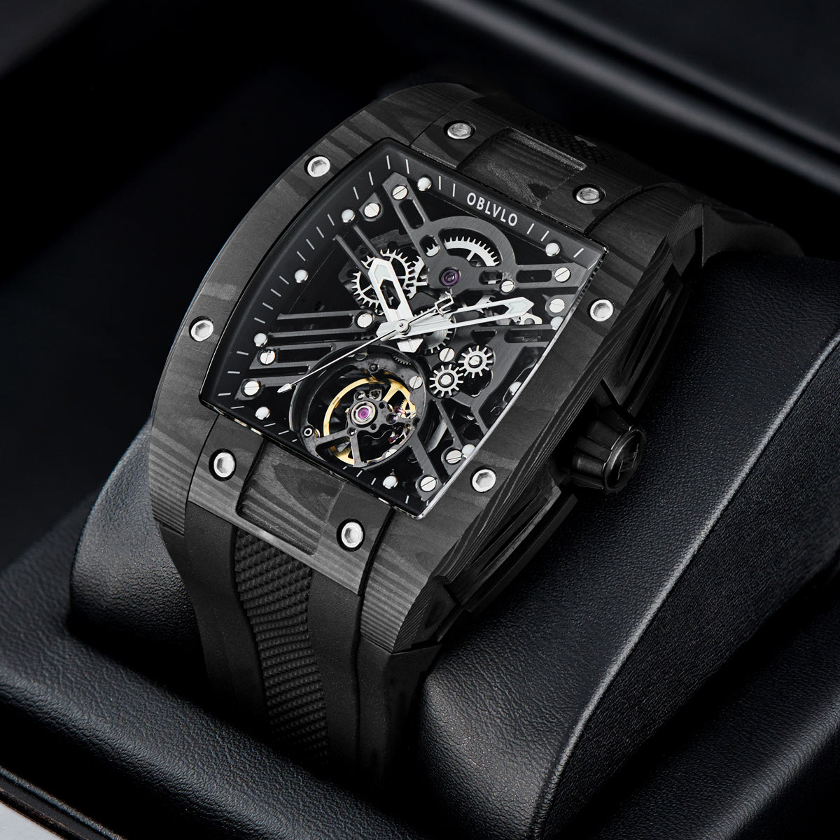 OBLVLO Original Brand Men Automatic Mechanical Watch Sport Skeleton Luminous Wine Barrel Carbon Fiber Case Rubber Strap EM-ST