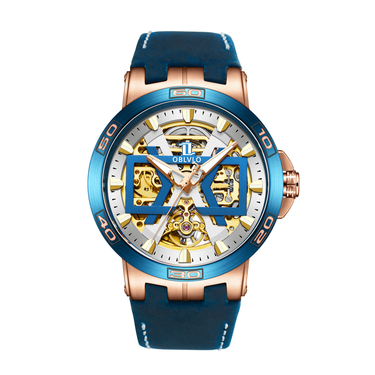 OBLVLO Sport Skeleton Luminous Military Automatic Mechanical Watch for Men Steel Case Leather Strap Sapphire Waterproof UM