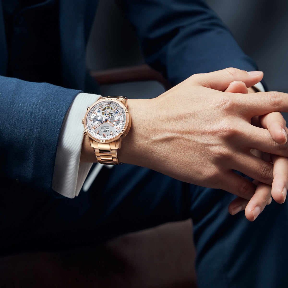 OBLVLO Men Business Automatic Watch Mechanical Tourbillon Luminous Leather Strap Sapphire Waterproof Calendar Week Year CM-T