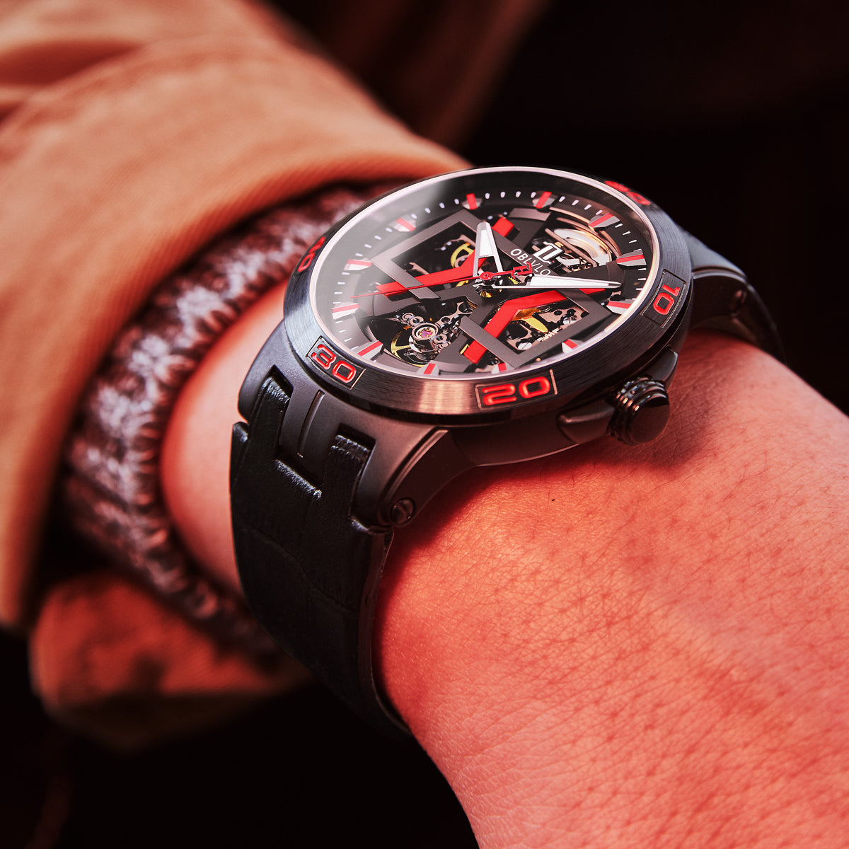 OBLVLO Sport Skeleton Luminous Military Automatic Mechanical Watch for Men Steel Case Leather Strap Sapphire Waterproof UM