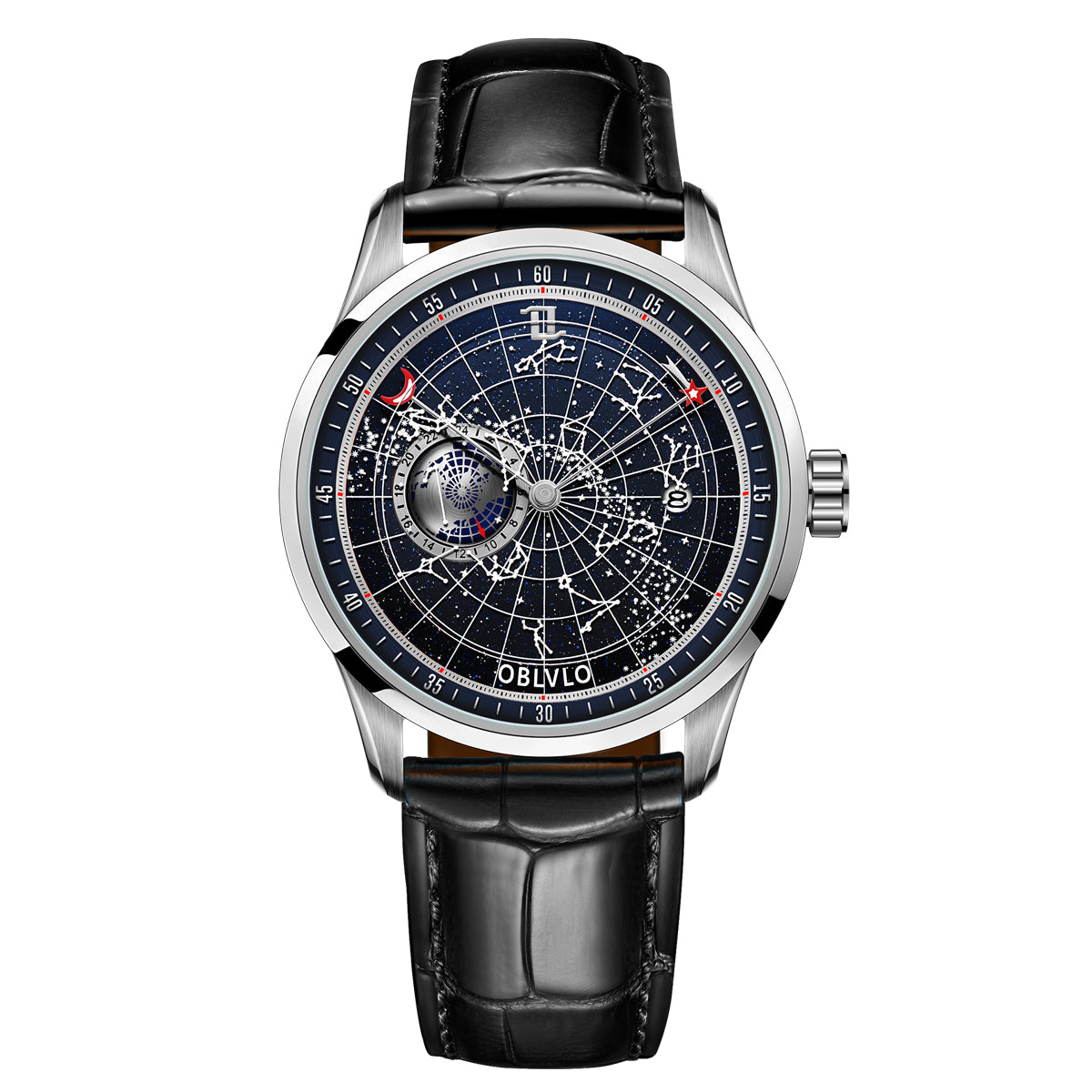 OBLVLO 12 Constellation Fashion Automatic Mechanical Watch for Men Luminous Earth Star Leather Strap Waterproof Gift Clock GC