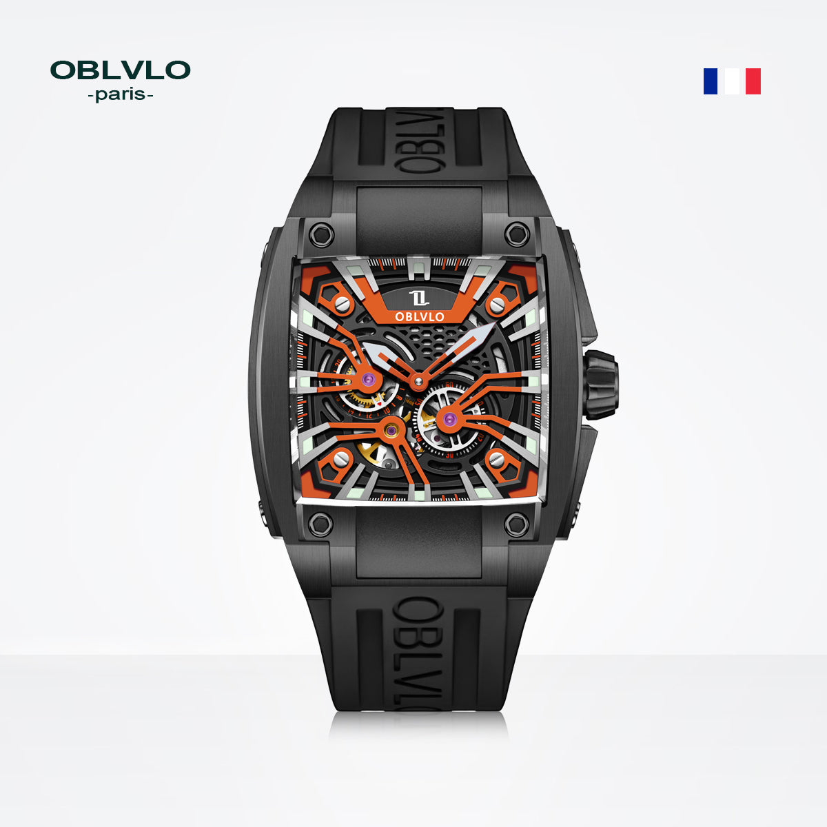 OBLVLO Personalized Men Automatic Mechanical Watch Luminous Skeleton Stainless Steel Case Rubber Strap Sapphire Big Rectangle GM
