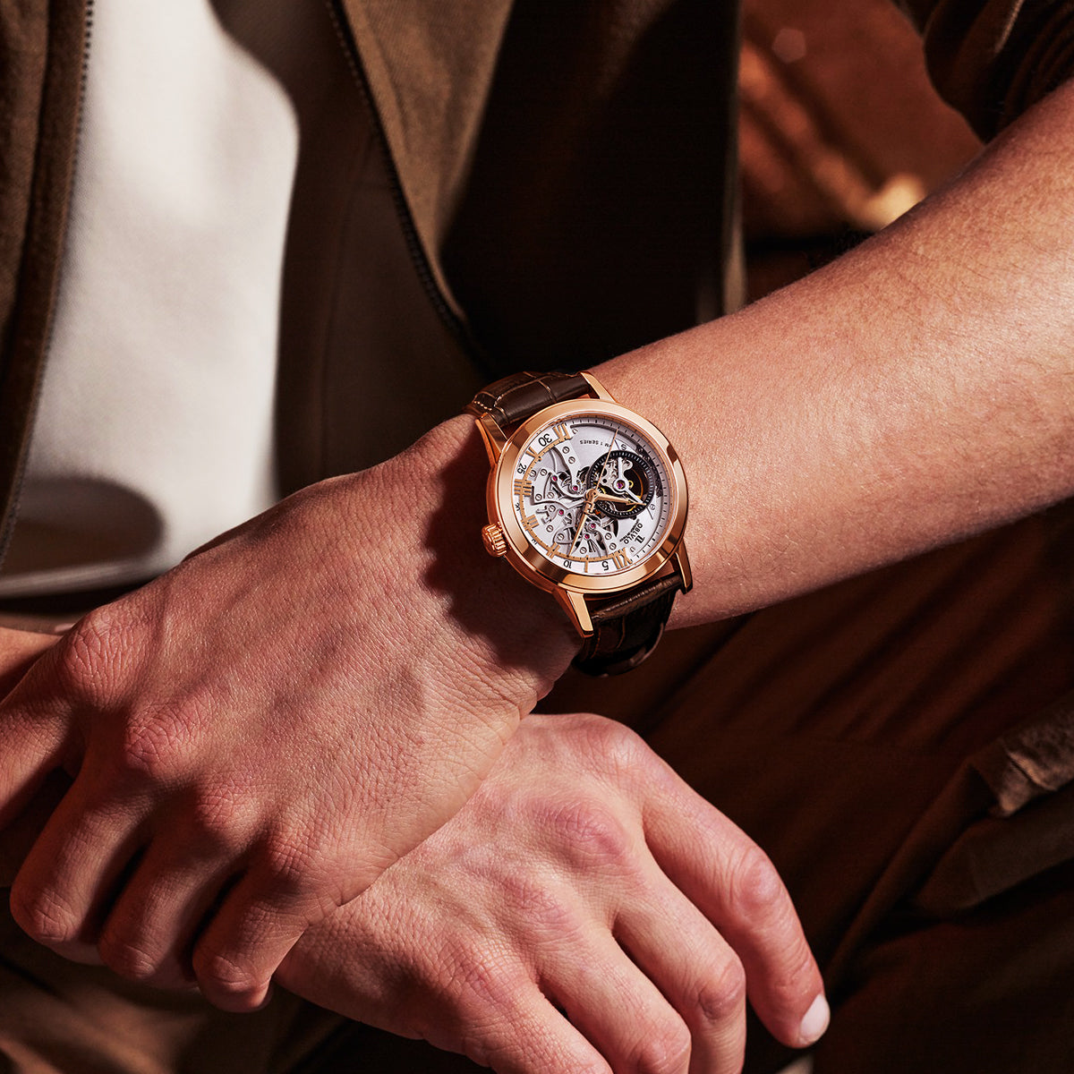 OBLVLO Retro Men Skeleton Automatic Watch Mechanical Casual Calfskin Strap Sapphire Waterproof 42mm VM-S