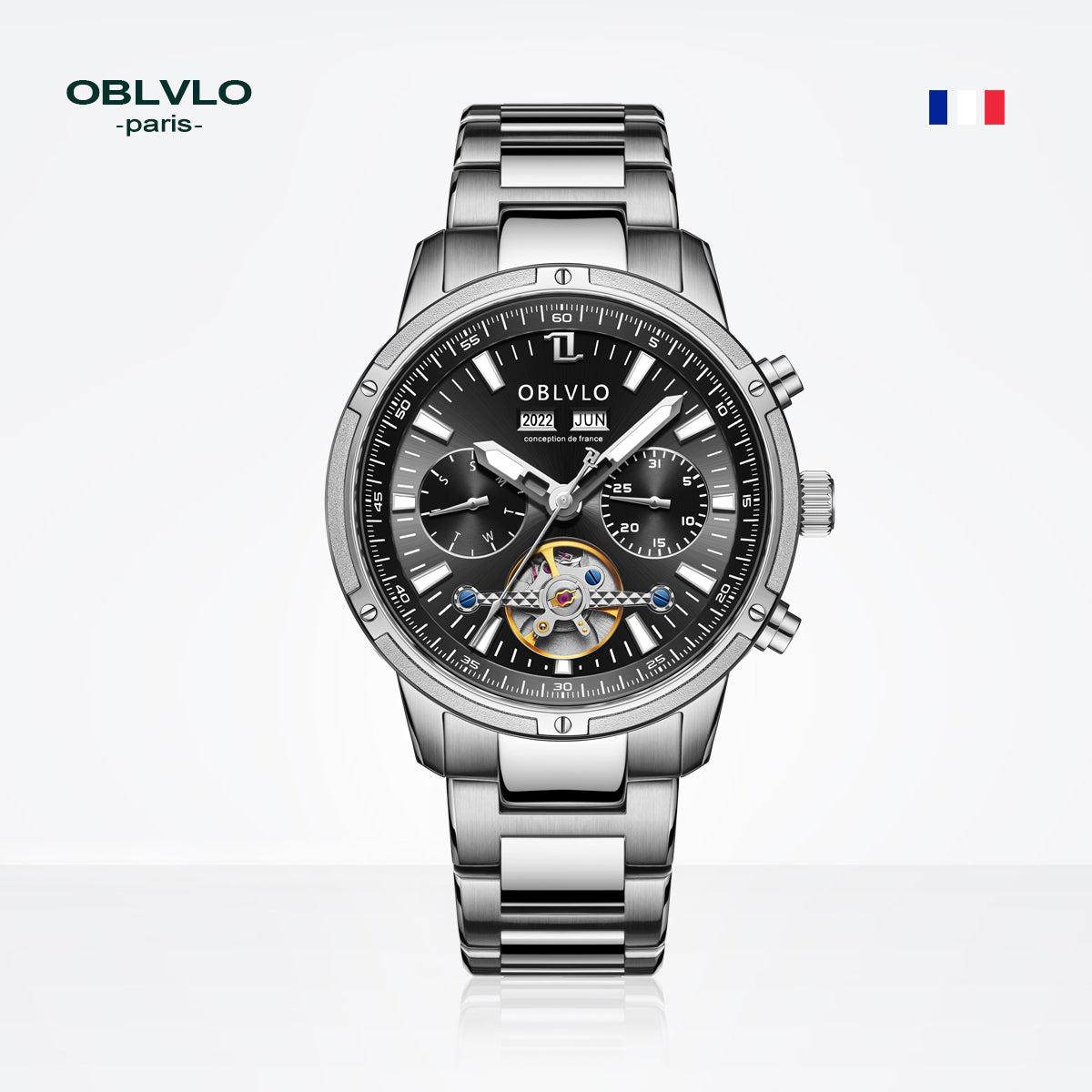OBLVLO Men Automatic Watches Mechanical Tourbillon Luminous Stainless Steel Strap Sapphire Waterproof Calendar Week Clock CM-T