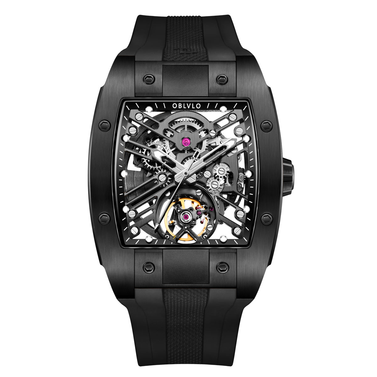OBLVLO Original Brand Men Automatic Mechanical Watch Sport Skeleton Luminous Wine Barrel Carbon Fiber Case Rubber Strap EM-ST