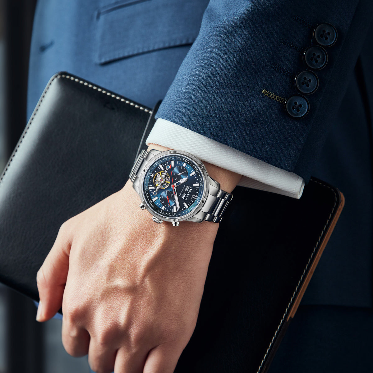 OBLVLO Men Business Automatic Watch Mechanical Tourbillon Luminous Leather Strap Sapphire Waterproof Calendar Week Year CM-T