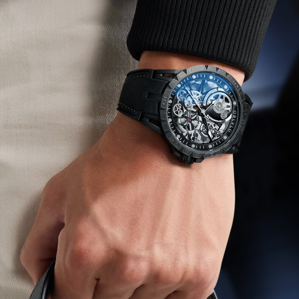 OBLVLO Designer Skeleton Sport Automatic Mechanical Watch For Men Rubber Strap Sapphire Shockproof Waterproof Diameter 47mm LM