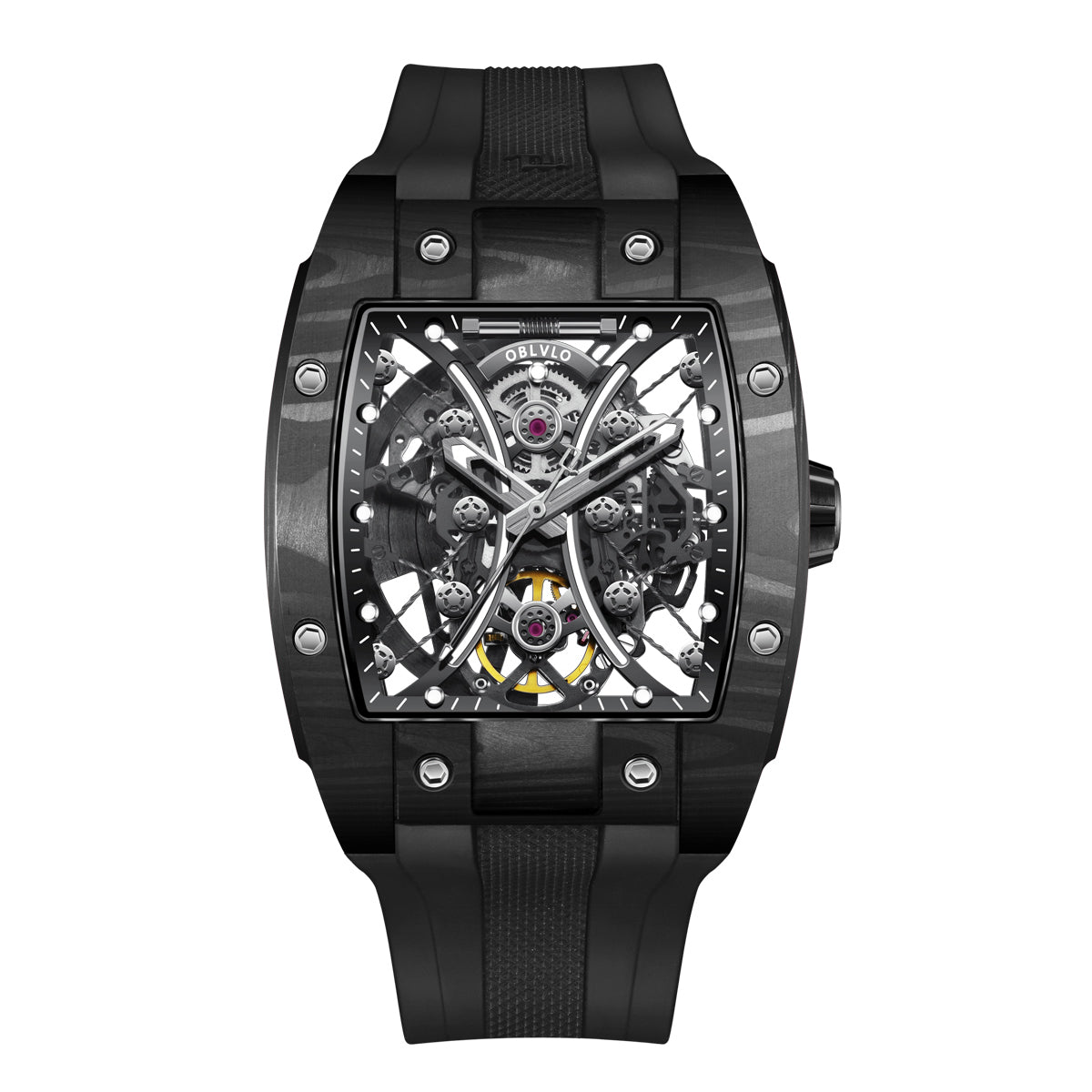 OBLVLO French Brand Men Automatic Mechanical Watch Fashion Skeleton Luminous Wine Barrel Carbon Fiber Case Rubber Strap EM-S