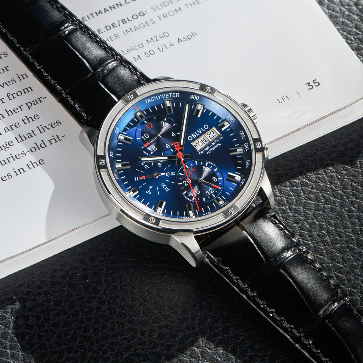 OBLVLO Men Dress Automatic Watch Mechanical Sapphire Year Month Week Calendar 24-Hour Display 40mm Clock CM2