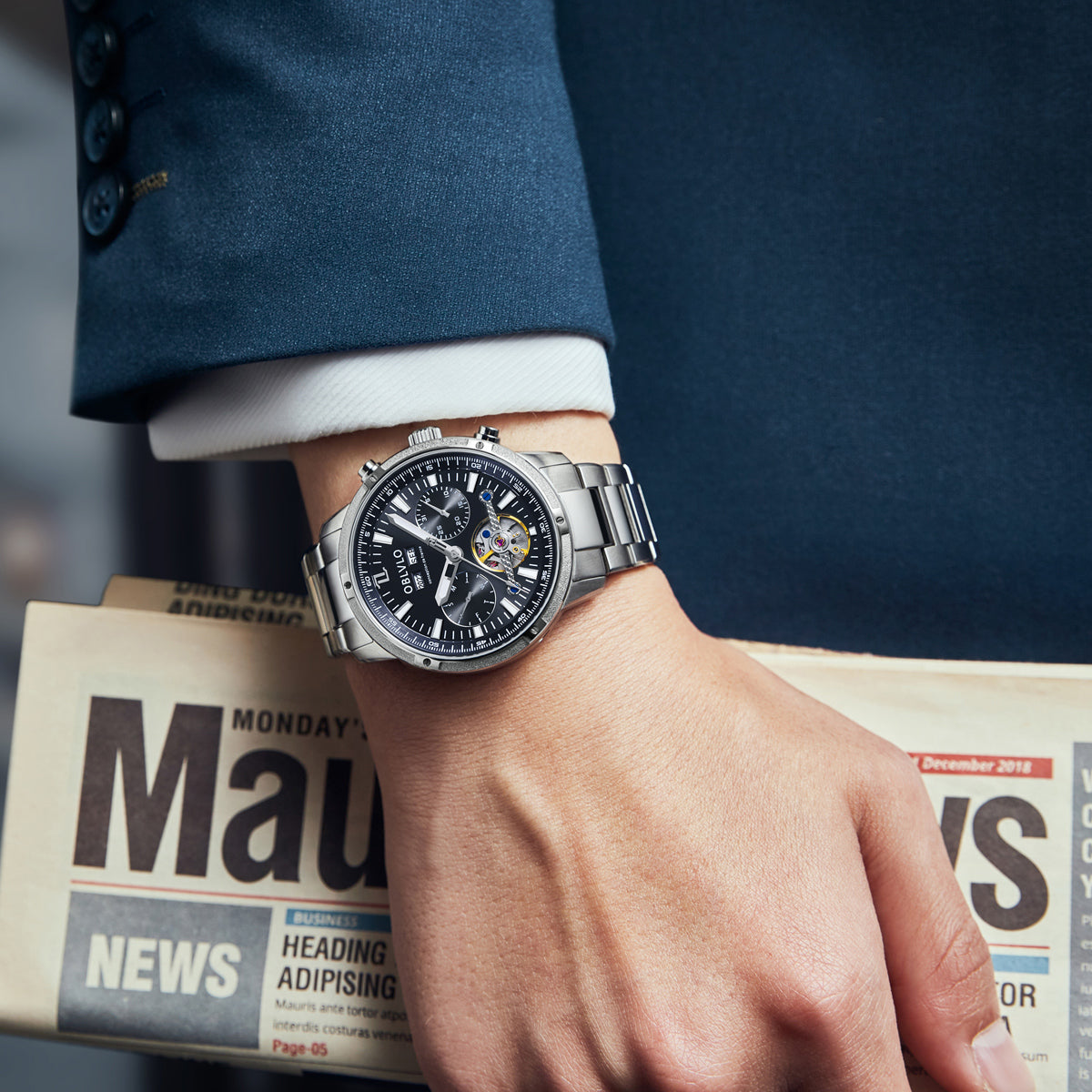 OBLVLO Men Business Automatic Watch Mechanical Tourbillon Luminous Leather Strap Sapphire Waterproof Calendar Week Year CM-T