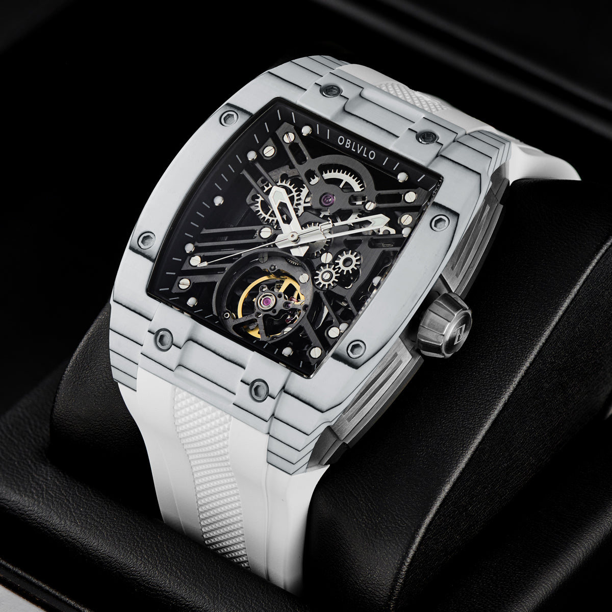 OBLVLO Original Brand Men Automatic Mechanical Watch Sport Skeleton Luminous Wine Barrel Carbon Fiber Case Rubber Strap EM-ST