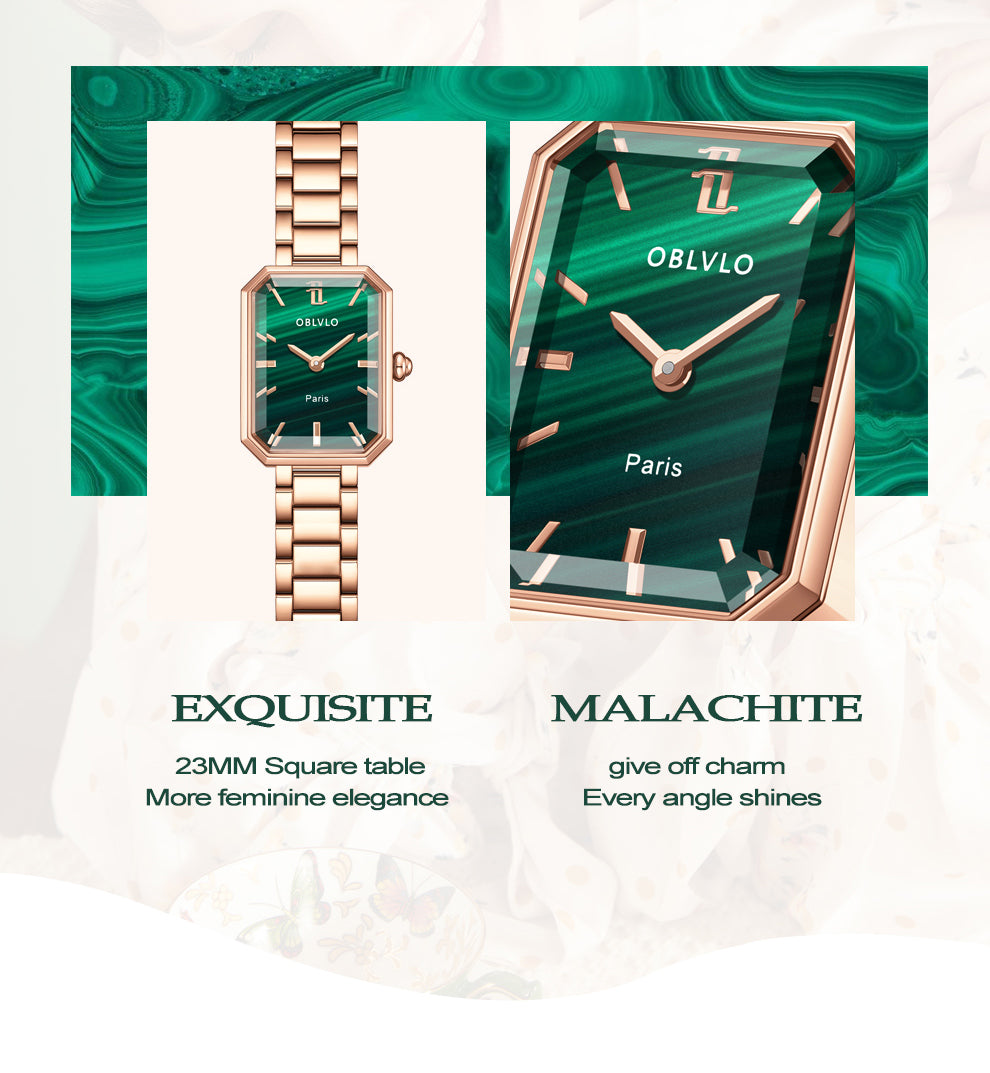 OBLVLO Luxury Green Quartz Watch for Women Malachite Leather Strap Sapphire Waterproof Exquisite Romantic Rectangle Clock LW