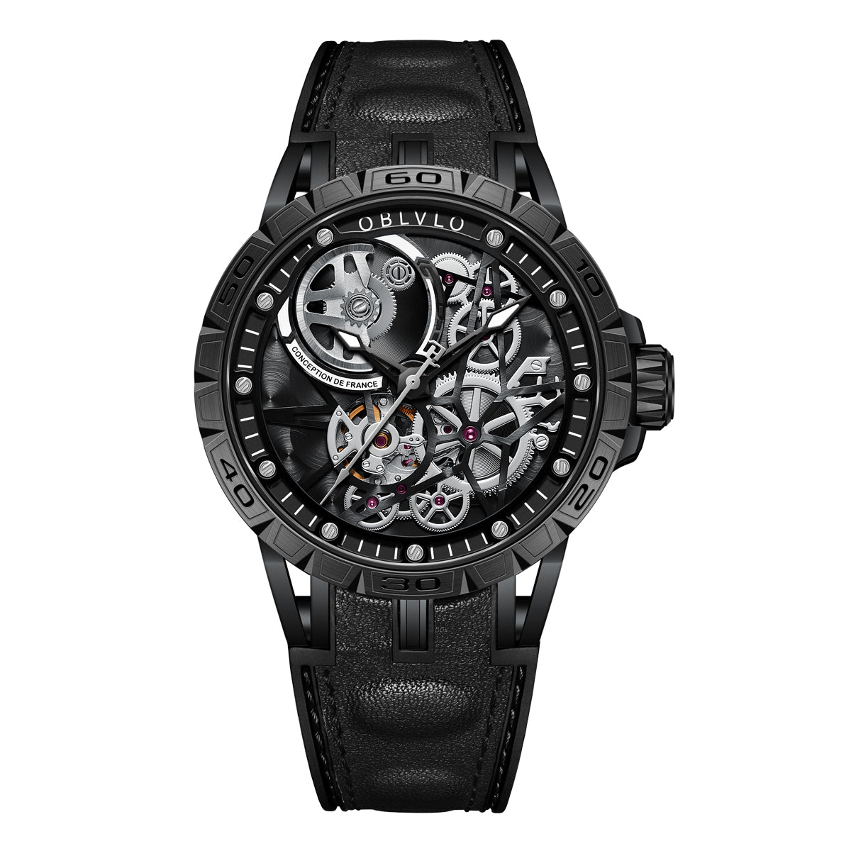 OBLVLO Designer Skeleton Sport Automatic Mechanical Watch For Men Rubber Strap Sapphire Shockproof Waterproof Diameter 47mm LM