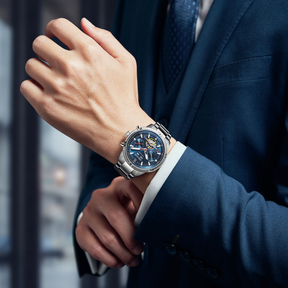 OBLVLO Men Business Automatic Watch Mechanical Tourbillon Luminous Leather Strap Sapphire Waterproof Calendar Week Year CM-T