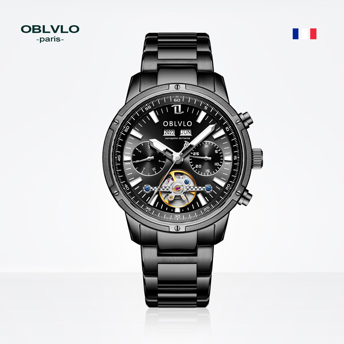 OBLVLO Men Automatic Watches Mechanical Tourbillon Luminous Stainless Steel Strap Sapphire Waterproof Calendar Week Clock CM-T