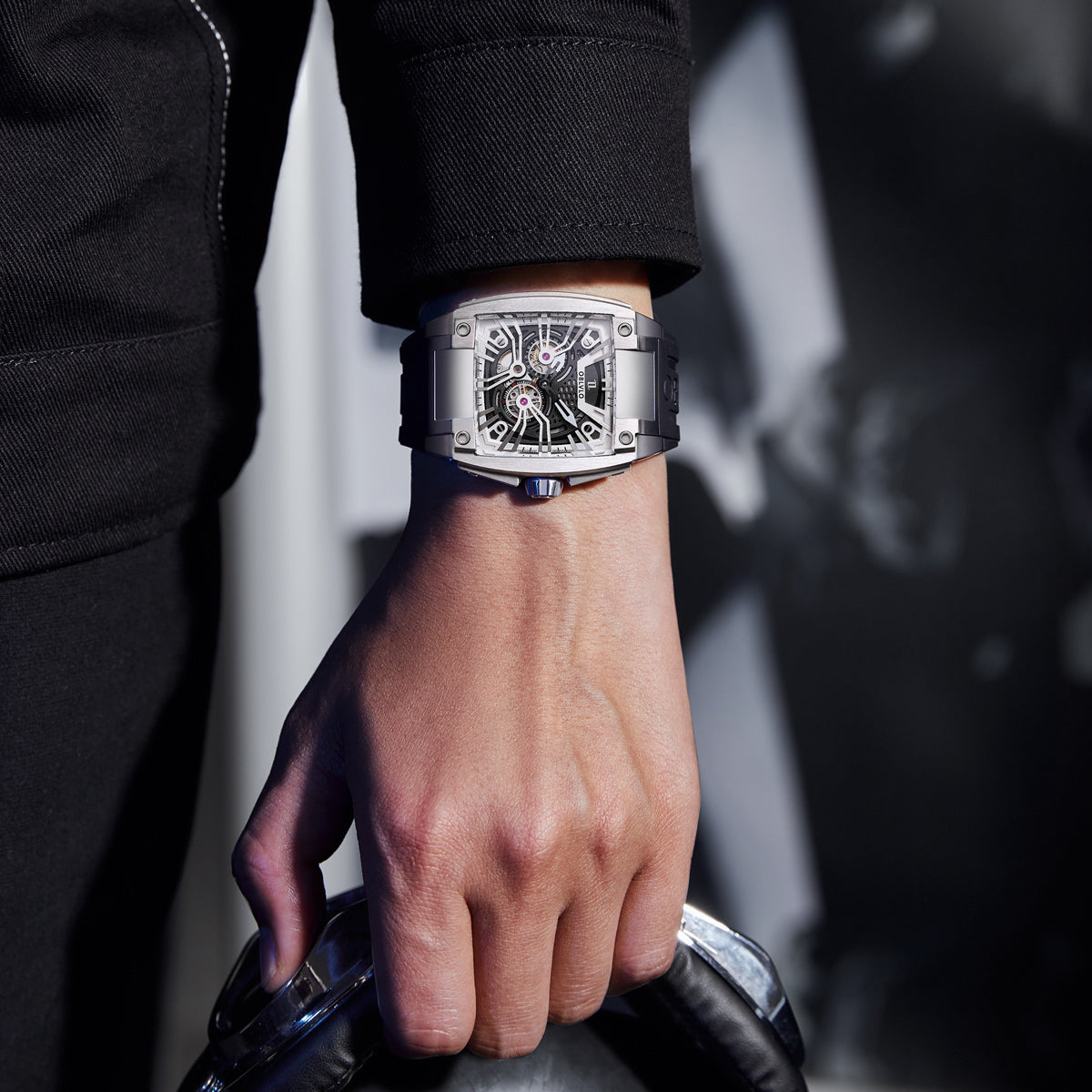 OBLVLO Personalized Men Automatic Mechanical Watch Luminous Skeleton Stainless Steel Case Rubber Strap Sapphire Big Rectangle GM