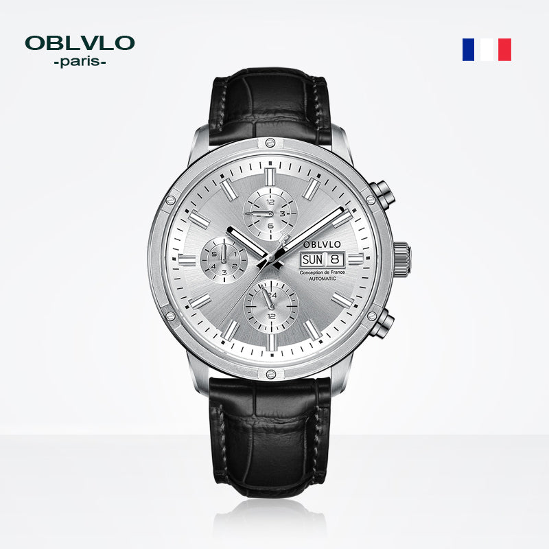 OBLVLO Brand Men Automatic Mechanical Watch Leather Strap Sapphire Waterproof Auto Date 24Hour Dress Style Diameter 42mm CM