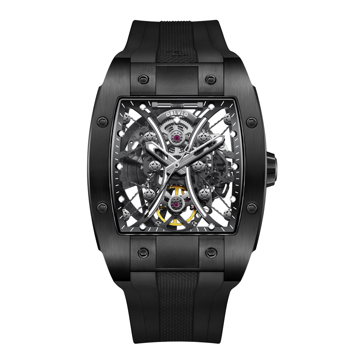 OBLVLO French Brand Men Automatic Mechanical Watch Fashion Skeleton Luminous Wine Barrel Carbon Fiber Case Rubber Strap EM-S