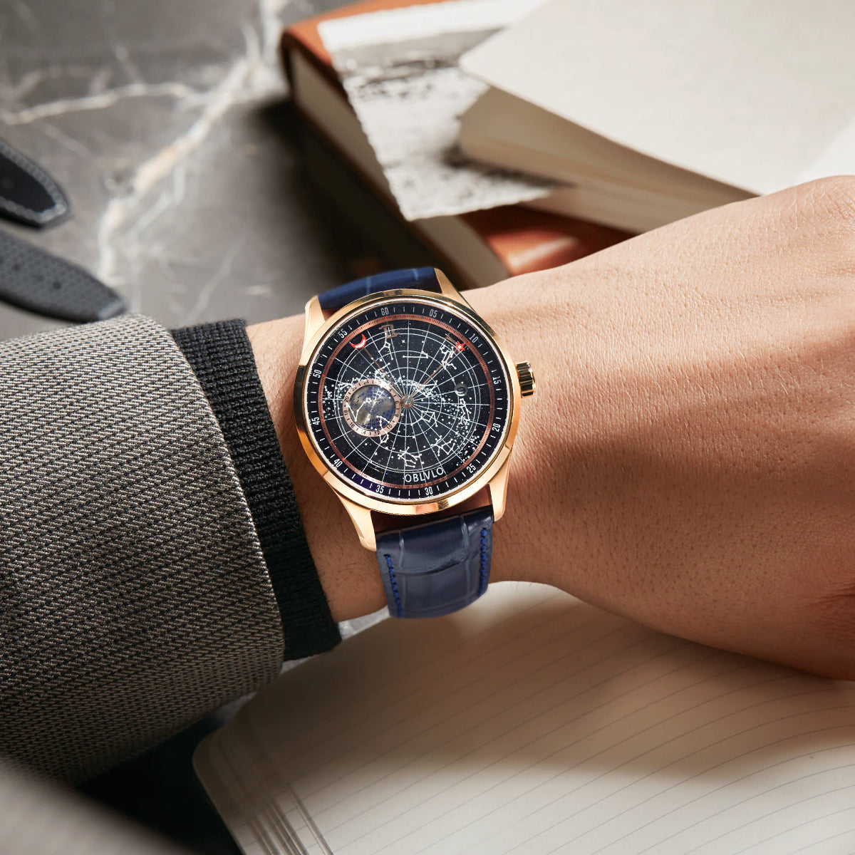 OBLVLO 12 Constellation Fashion Automatic Mechanical Watch for Men Luminous Earth Star Leather Strap Waterproof Gift Clock GC