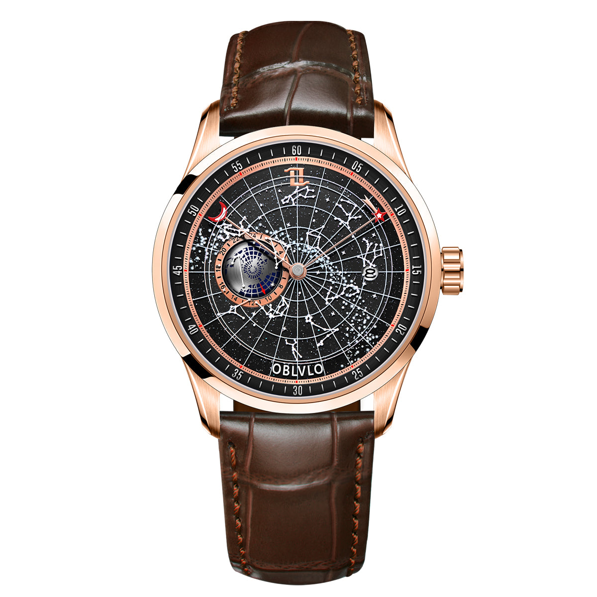 OBLVLO 12 Constellation Fashion Automatic Mechanical Watch for Men Luminous Earth Star Leather Strap Waterproof Gift Clock GC
