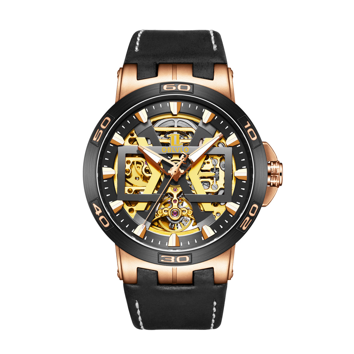 OBLVLO Sport Skeleton Luminous Military Automatic Mechanical Watch for Men Steel Case Leather Strap Sapphire Waterproof UM