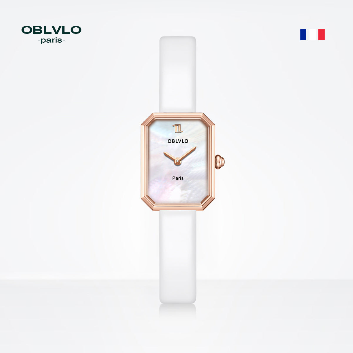 OBLVLO Women Quartz Watch Rose Gold Case Gift Leather Strap Malachite Dial Diamond Surface Sapphire Small Square Clock 23mm LW2