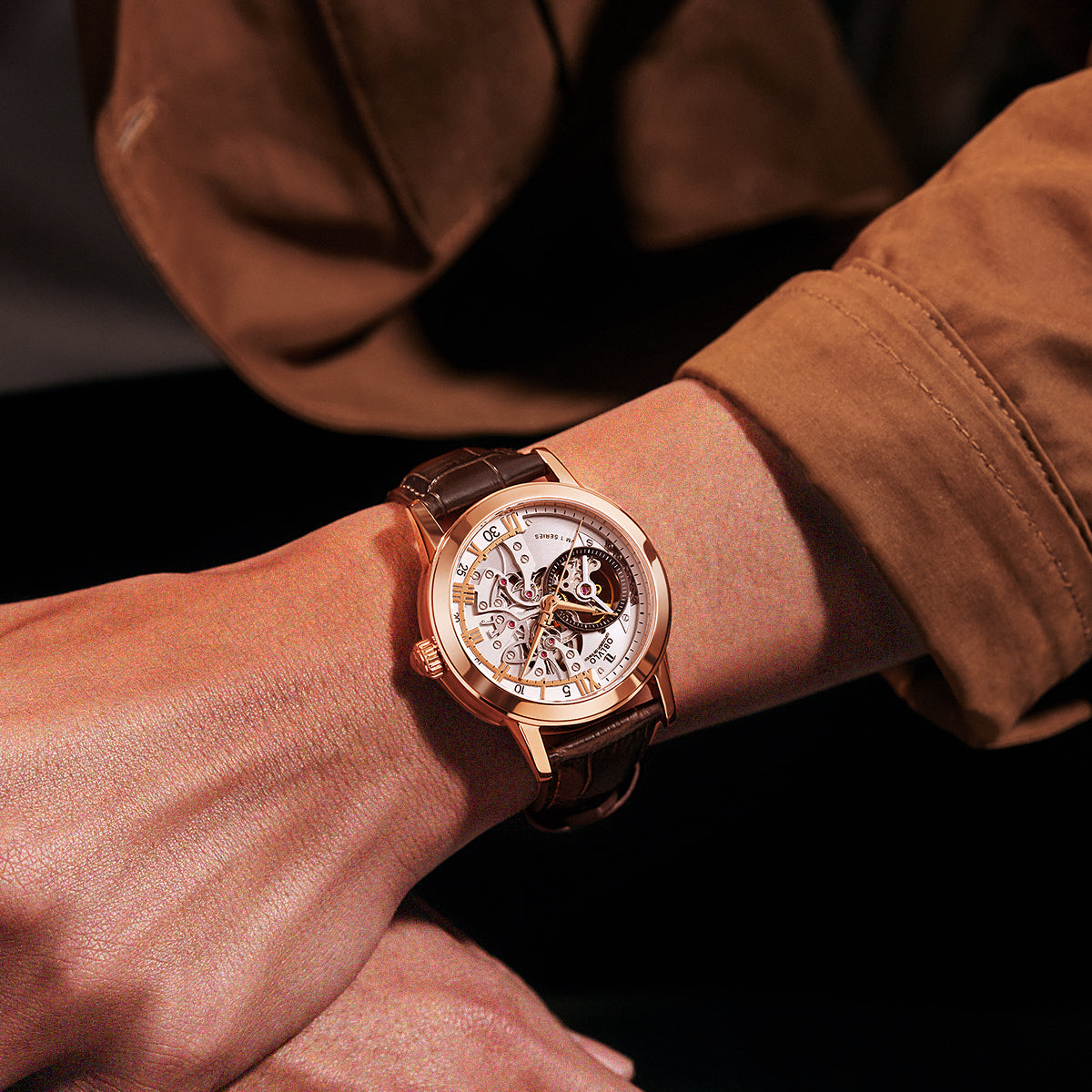 OBLVLO Retro Men Skeleton Automatic Watch Mechanical Casual Calfskin Strap Sapphire Waterproof 42mm VM-S