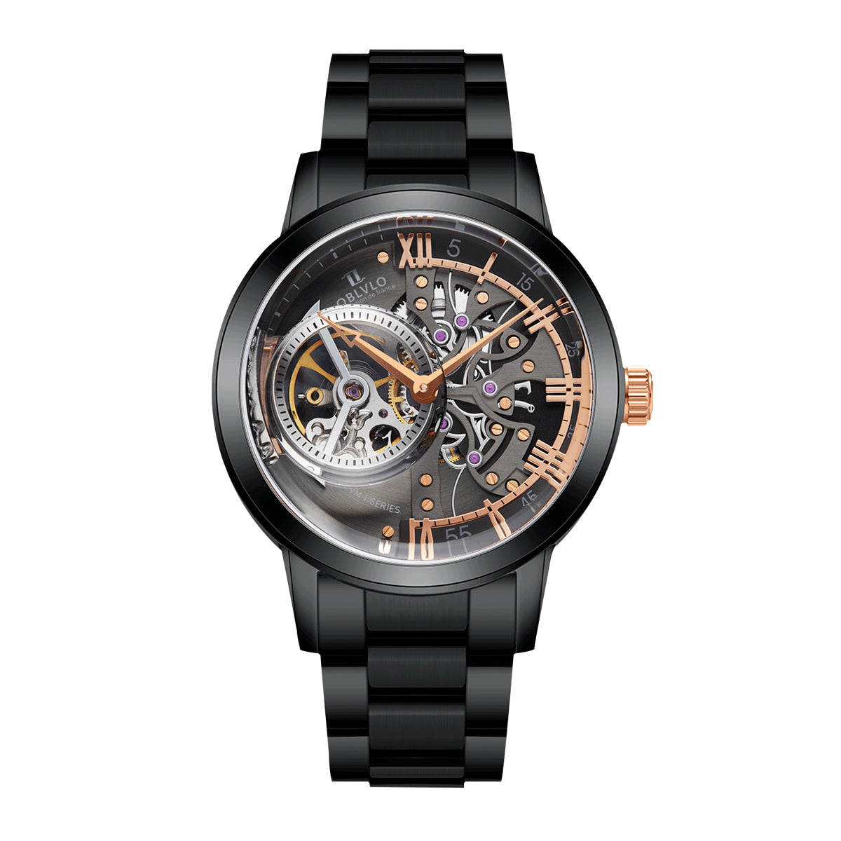 OBLVLO Luxury Retro Men Skeleton Automatic Watch Mechanical Stainless Steel Strap Mineral Crystal Glass Waterproof Clock VM