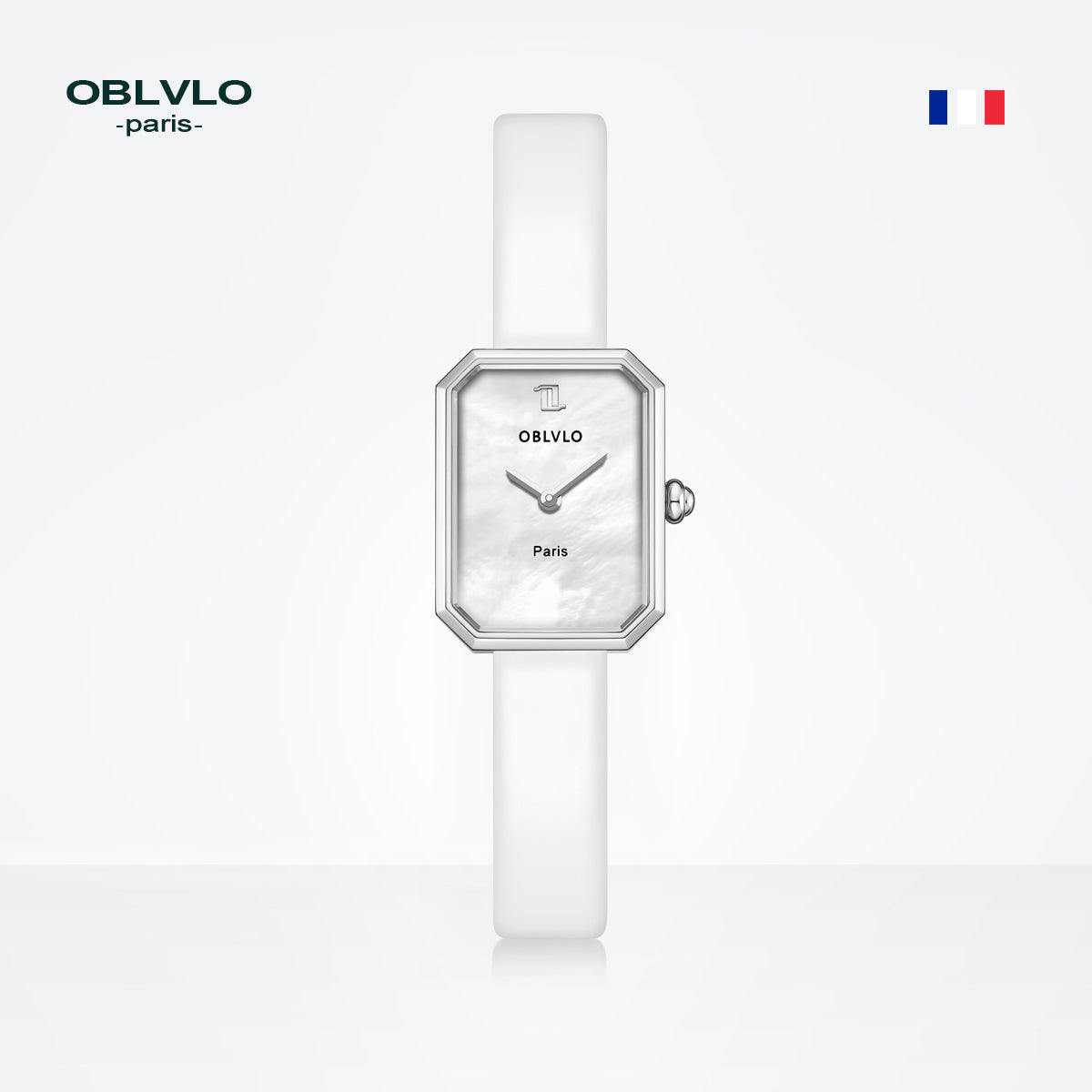 OBLVLO Women Quartz Watch Rose Gold Case Gift Leather Strap Malachite Dial Diamond Surface Sapphire Small Square Clock 23mm LW2