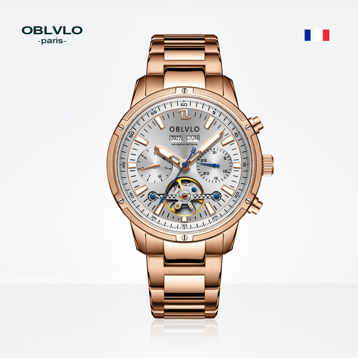 OBLVLO Men Automatic Watches Mechanical Tourbillon Luminous Stainless Steel Strap Sapphire Waterproof Calendar Week Clock CM-T