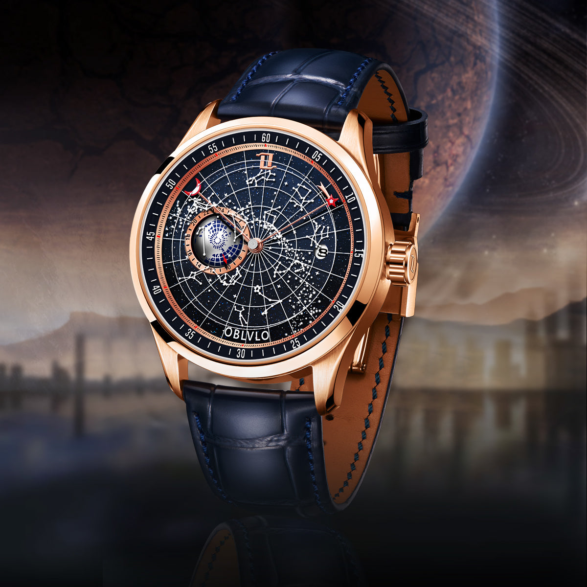 OBLVLO 12 Constellation Fashion Automatic Mechanical Watch for Men Luminous Earth Star Leather Strap Waterproof Gift Clock GC