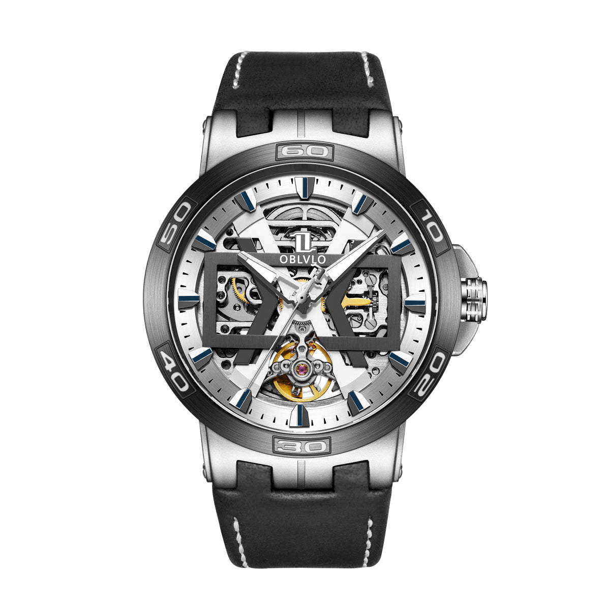 OBLVLO Sport Skeleton Luminous Military Automatic Mechanical Watch for Men Steel Case Leather Strap Sapphire Waterproof UM
