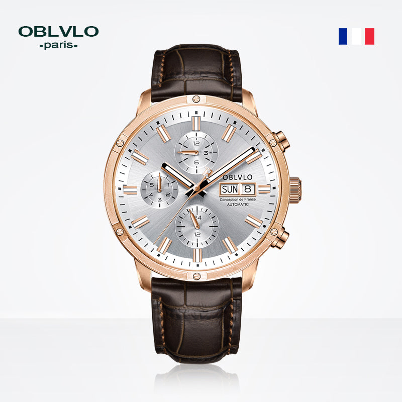 OBLVLO Brand Men Automatic Mechanical Watch Leather Strap Sapphire Waterproof Auto Date 24Hour Dress Style Diameter 42mm CM