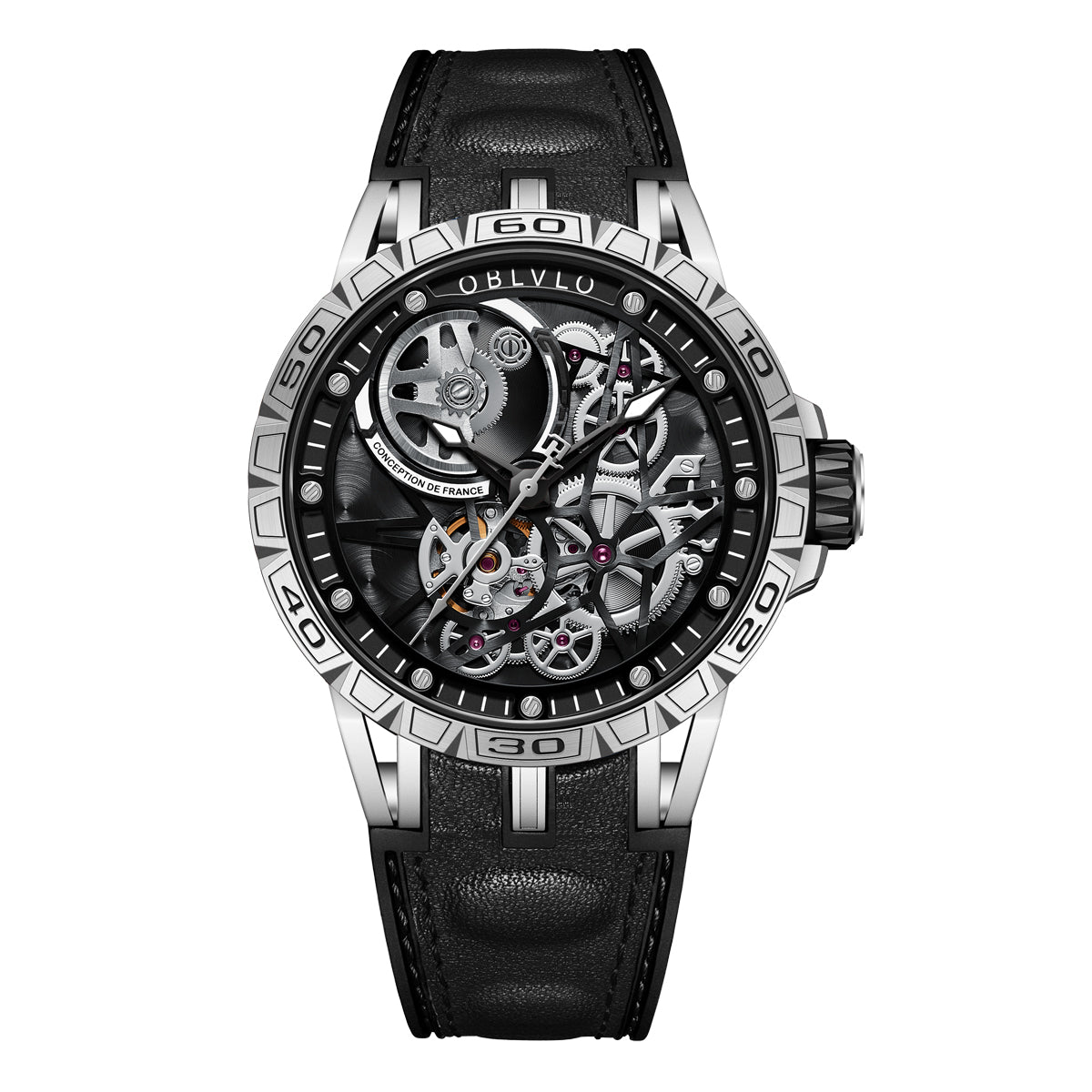OBLVLO Designer Skeleton Sport Automatic Mechanical Watch For Men Rubber Strap Sapphire Shockproof Waterproof Diameter 47mm LM