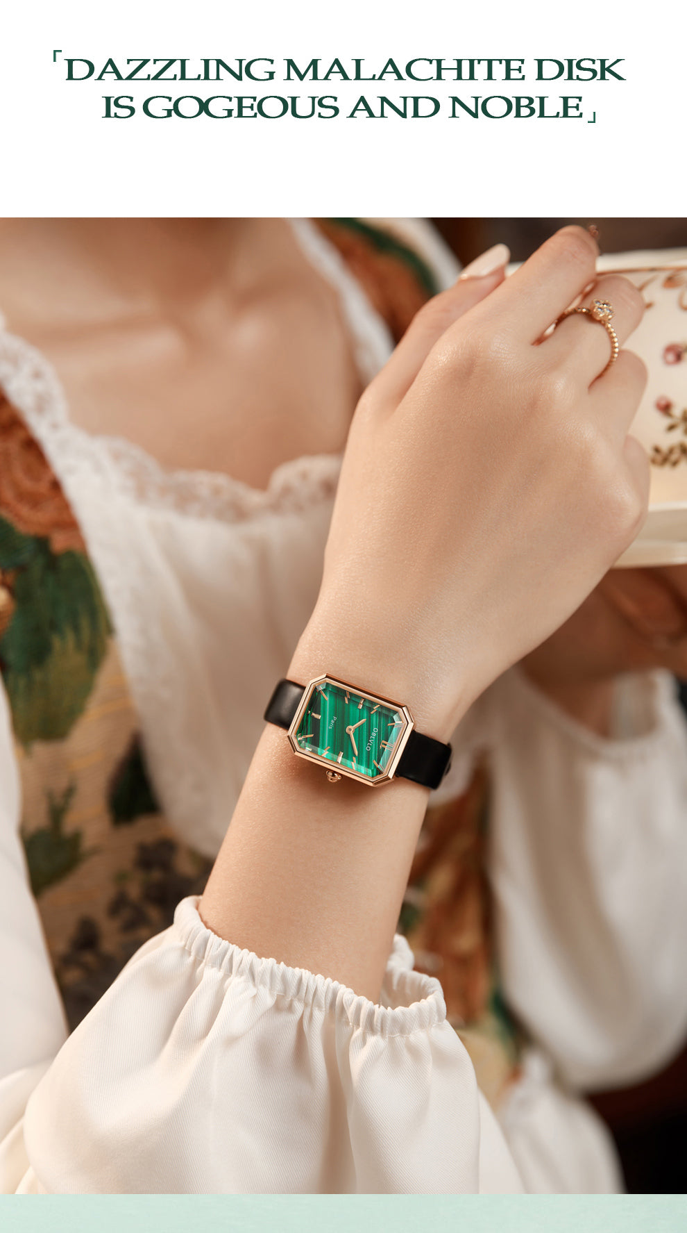 OBLVLO Luxury Green Quartz Watch for Women Malachite Leather Strap Sapphire Waterproof Exquisite Romantic Rectangle Clock LW