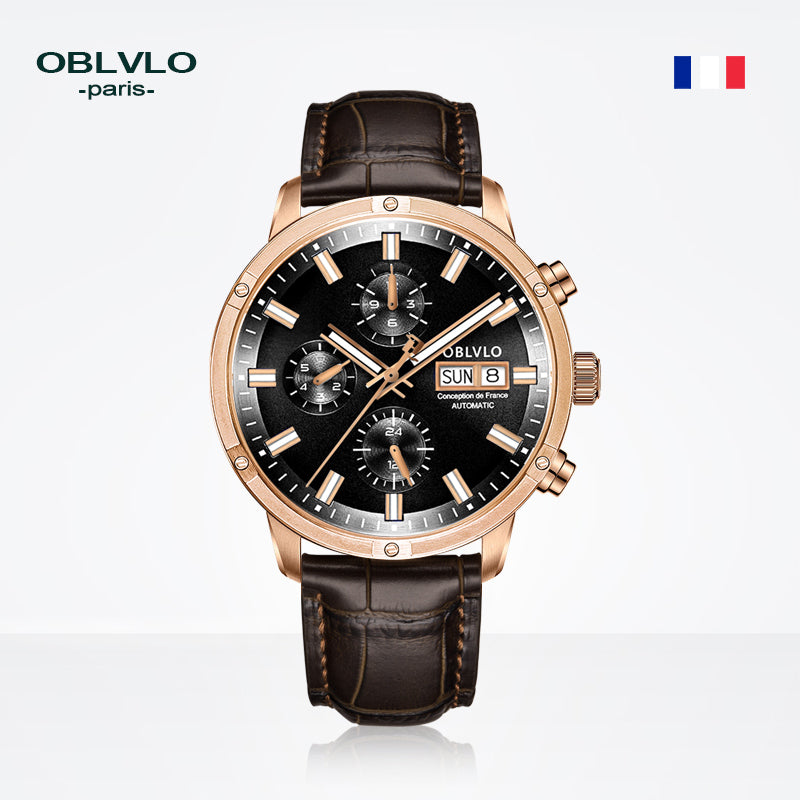 OBLVLO Brand Men Automatic Mechanical Watch Leather Strap Sapphire Waterproof Auto Date 24Hour Dress Style Diameter 42mm CM