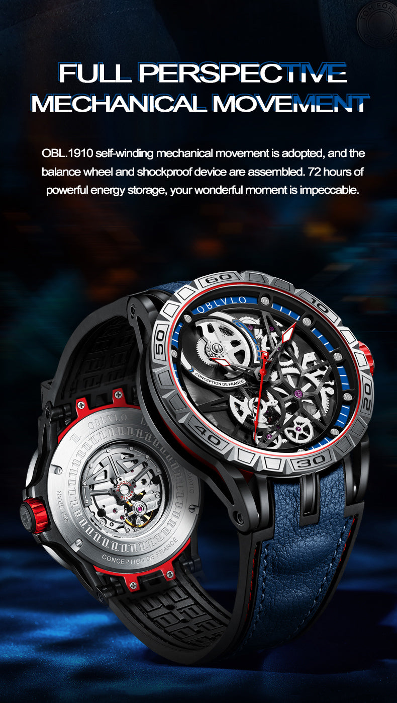 OBLVLO Designer Skeleton Sport Automatic Mechanical Watch For Men Rubber Strap Sapphire Shockproof Waterproof Diameter 47mm LM