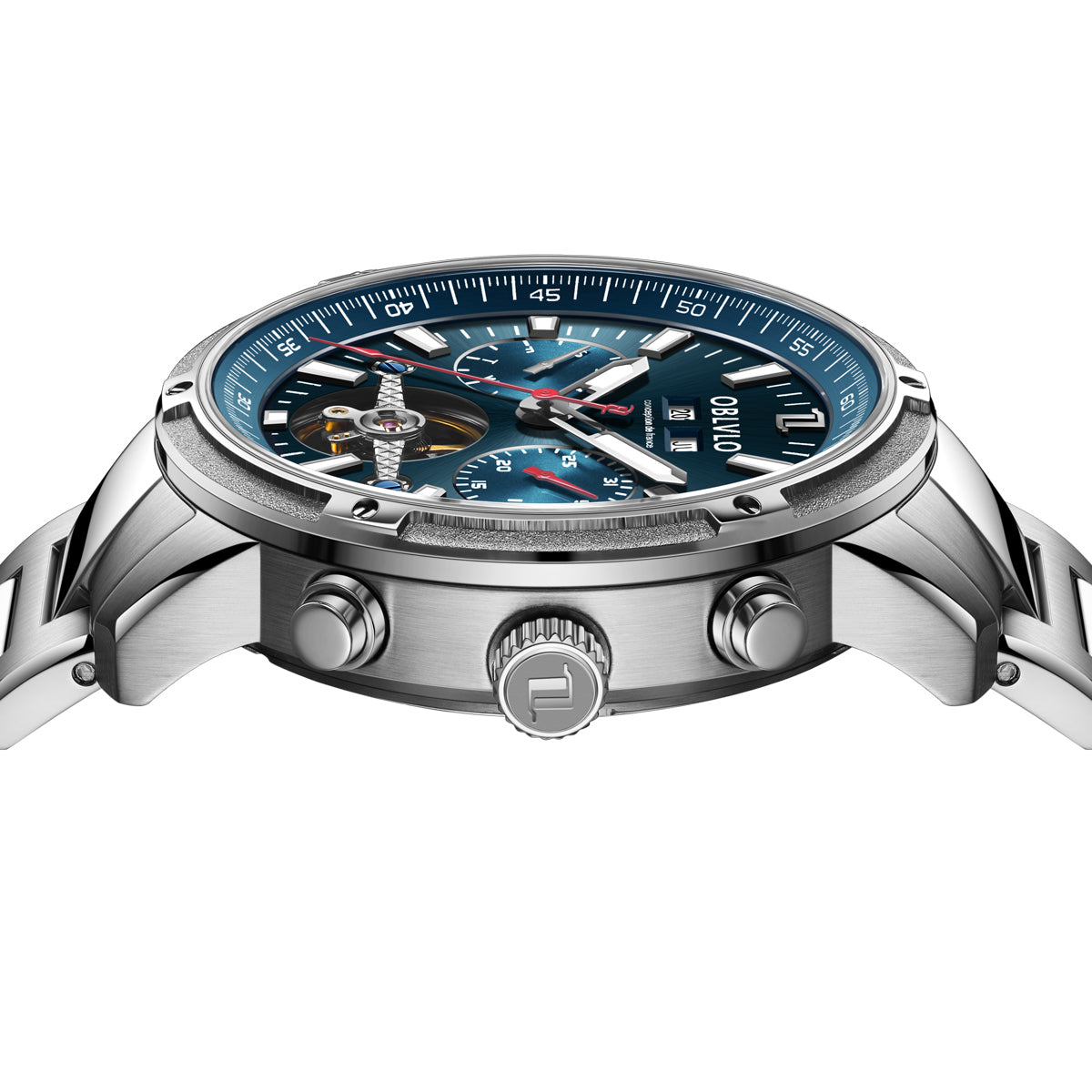 OBLVLO Men Business Automatic Watch Mechanical Tourbillon Luminous Leather Strap Sapphire Waterproof Calendar Week Year CM-T