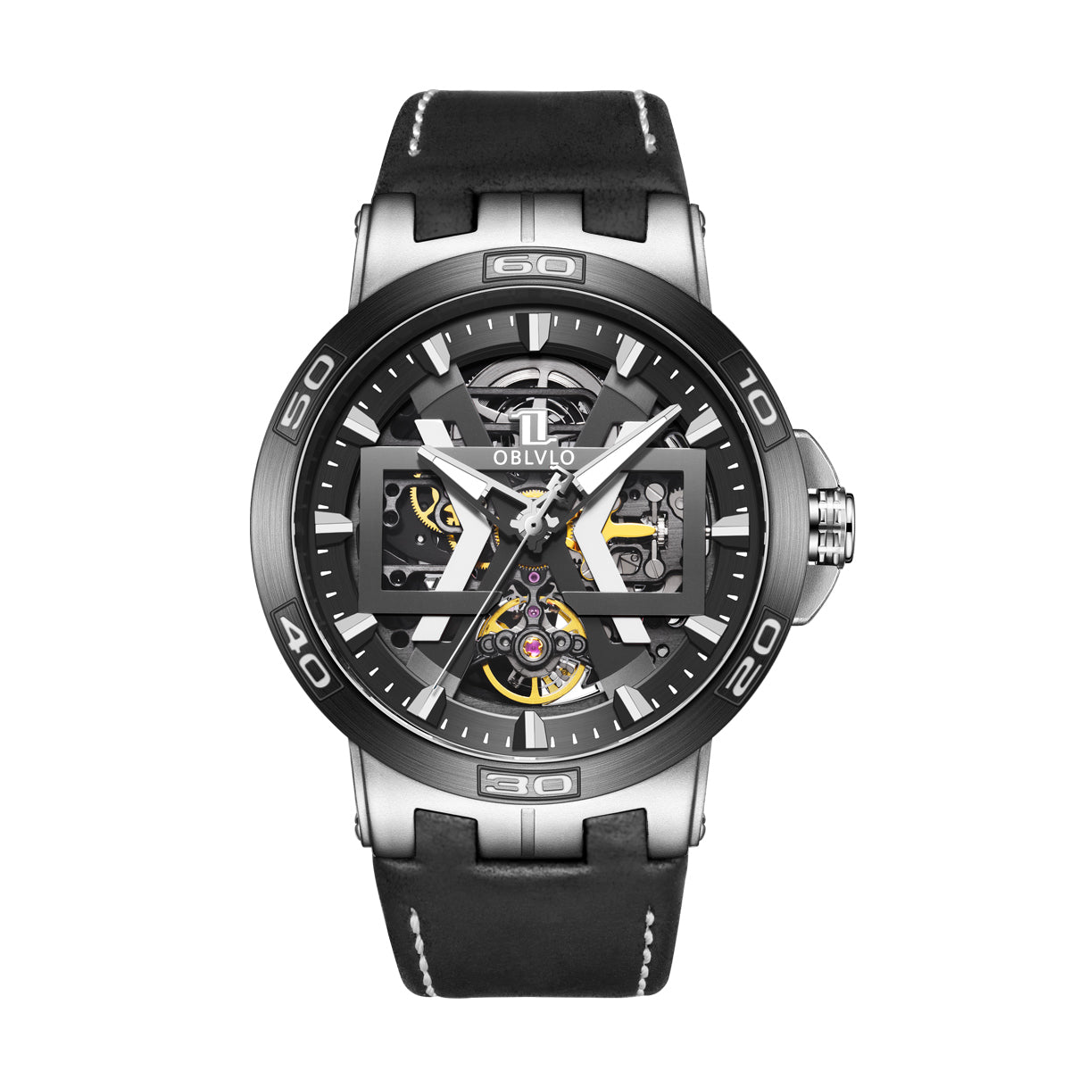 OBLVLO Sport Skeleton Luminous Military Automatic Mechanical Watch for Men Steel Case Leather Strap Sapphire Waterproof UM