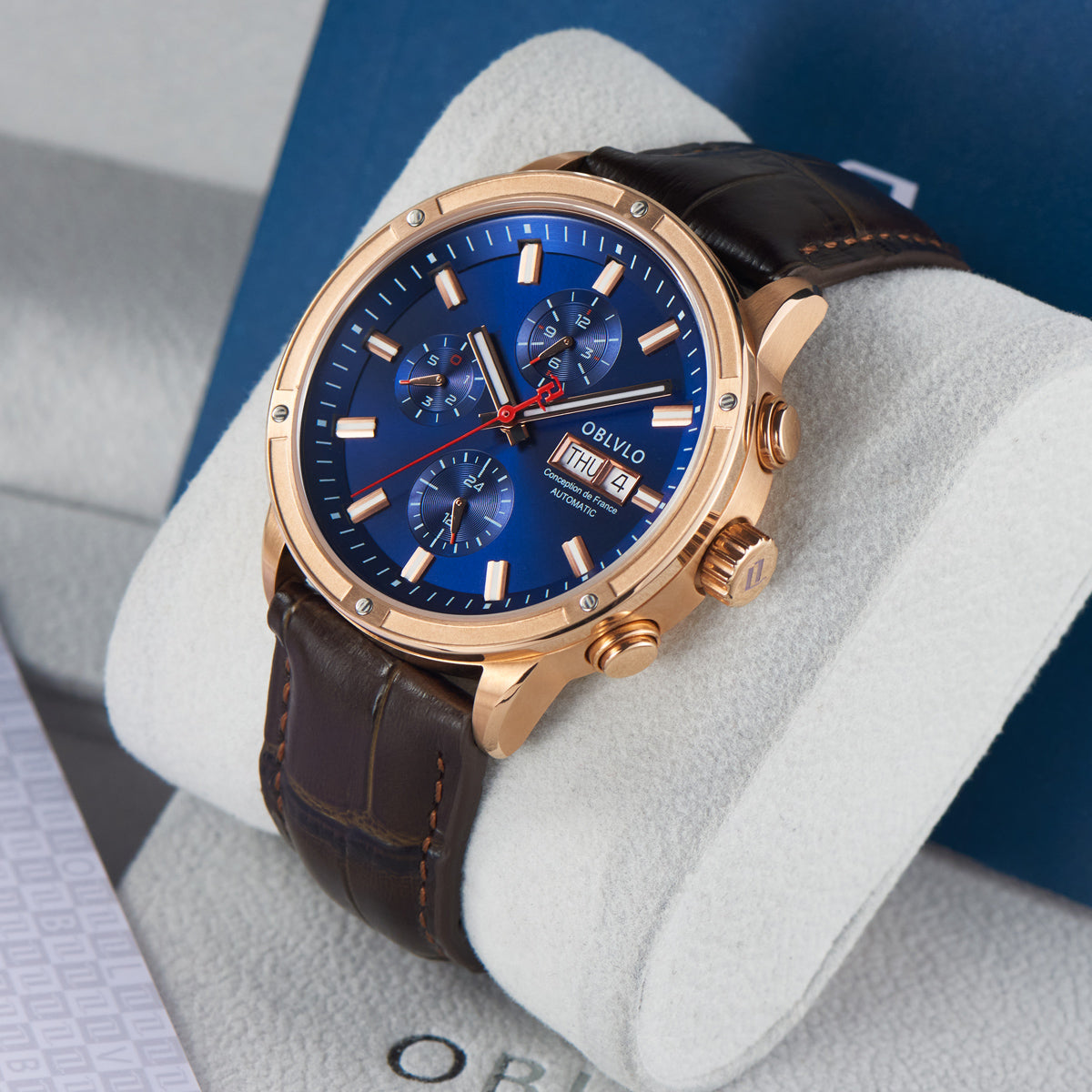 OBLVLO Brand Men Automatic Mechanical Watch Leather Strap Sapphire Waterproof Auto Date 24Hour Dress Style Diameter 42mm CM