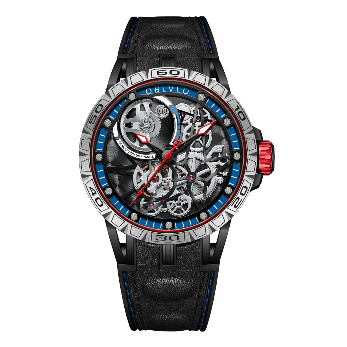 OBLVLO Designer Skeleton Sport Automatic Mechanical Watch For Men Rubber Strap Sapphire Shockproof Waterproof Diameter 47mm LM