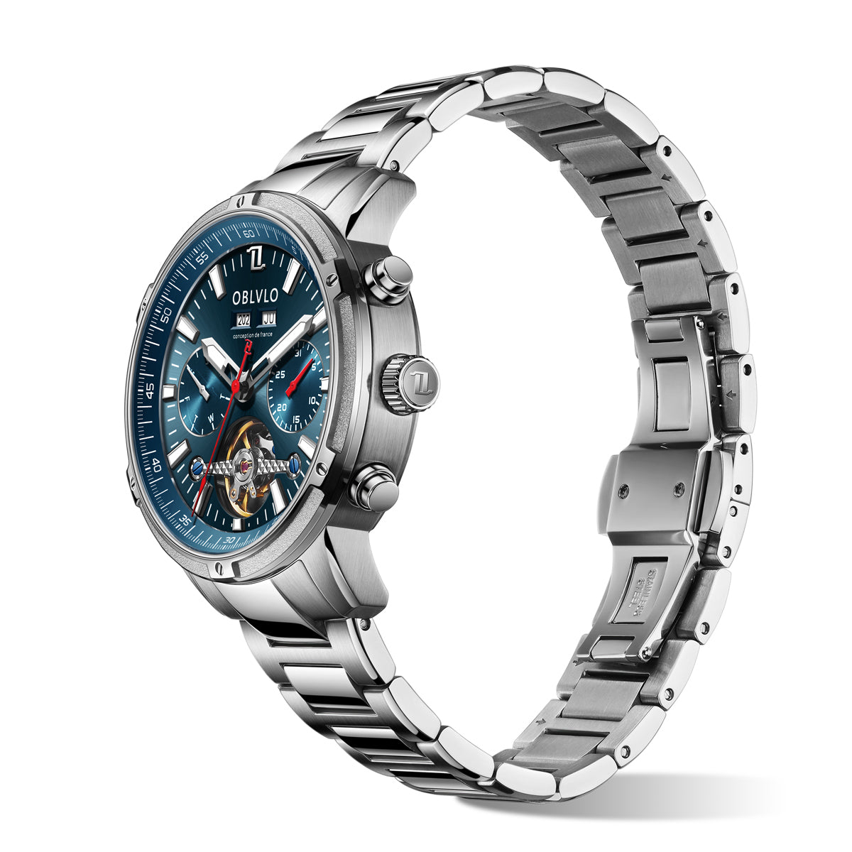 OBLVLO Men Business Automatic Watch Mechanical Tourbillon Luminous Leather Strap Sapphire Waterproof Calendar Week Year CM-T