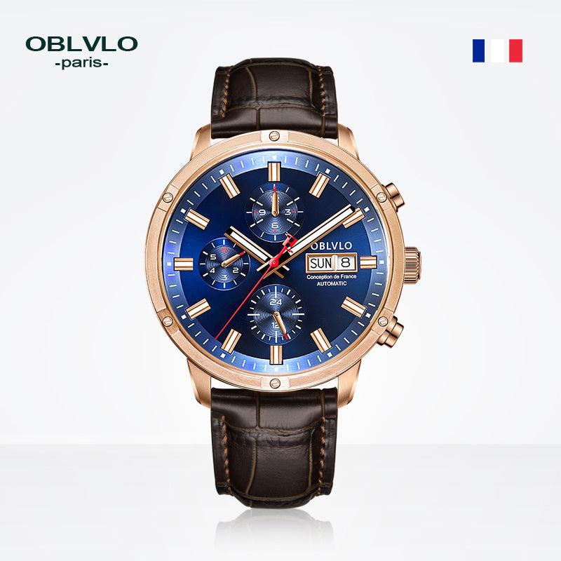 OBLVLO Brand Men Automatic Mechanical Watch Leather Strap Sapphire Waterproof Auto Date 24Hour Dress Style Diameter 42mm CM