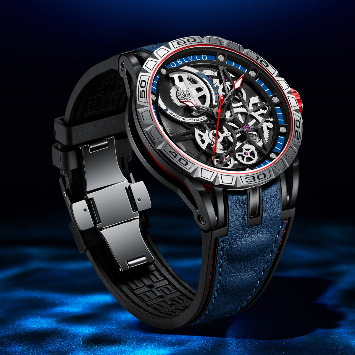 OBLVLO Designer Skeleton Sport Automatic Mechanical Watch For Men Rubber Strap Sapphire Shockproof Waterproof Diameter 47mm LM