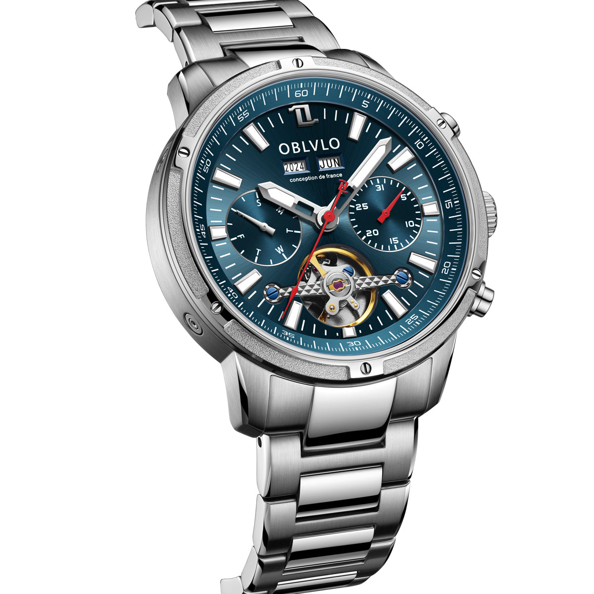 OBLVLO Men Business Automatic Watch Mechanical Tourbillon Luminous Leather Strap Sapphire Waterproof Calendar Week Year CM-T