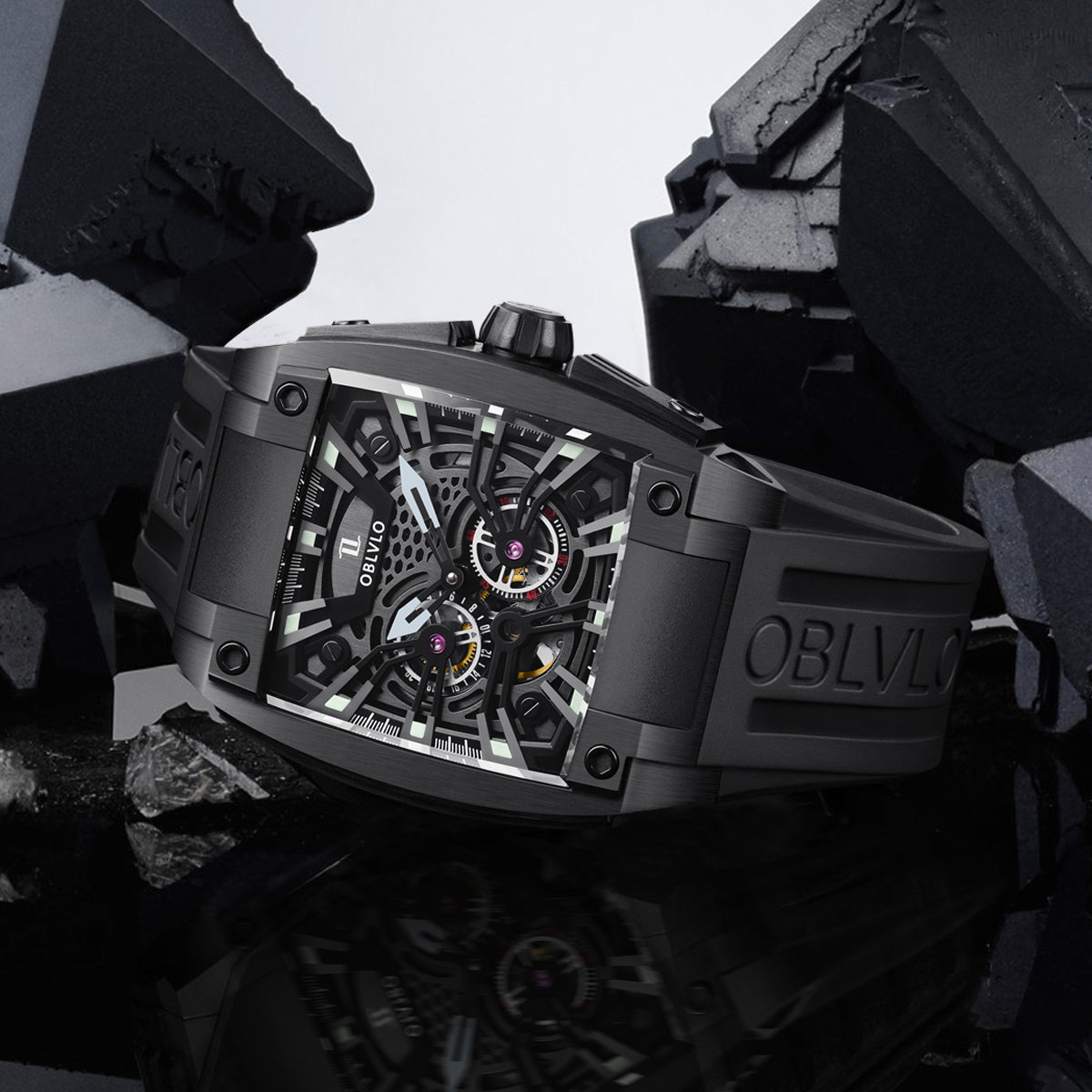 OBLVLO Personalized Men Automatic Mechanical Watch Luminous Skeleton Stainless Steel Case Rubber Strap Sapphire Big Rectangle GM