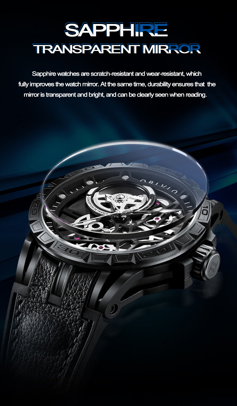 OBLVLO Designer Skeleton Sport Automatic Mechanical Watch For Men Rubber Strap Sapphire Shockproof Waterproof Diameter 47mm LM