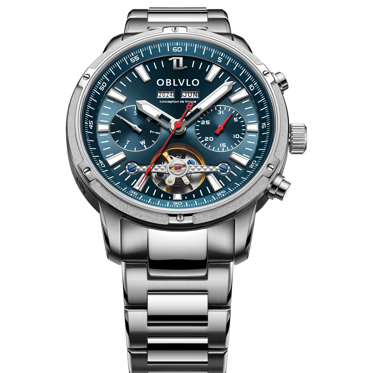OBLVLO Men Business Automatic Watch Mechanical Tourbillon Luminous Leather Strap Sapphire Waterproof Calendar Week Year CM-T