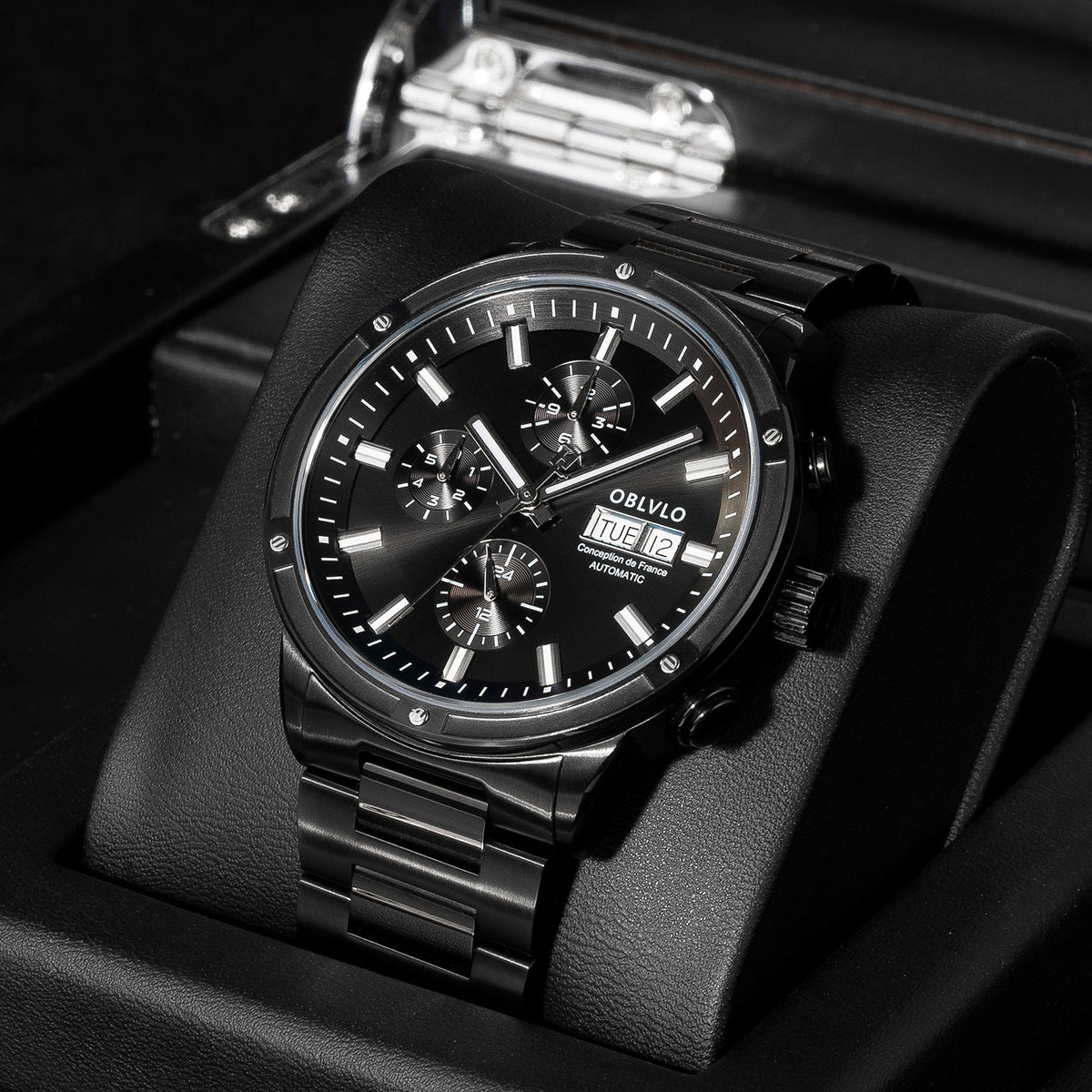 OBLVLO Men Dress Automatic Mechanical Watch Stainless Steel Strap Sapphire Year Month Weekly Calendar 24Hour Luminous Clock CM