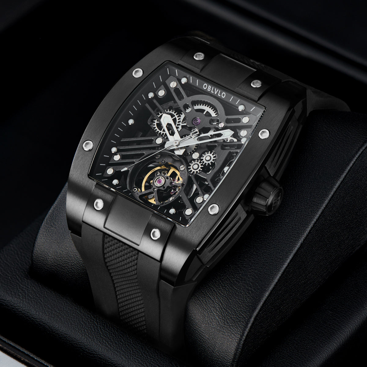 OBLVLO Original Brand Men Automatic Mechanical Watch Sport Skeleton Luminous Wine Barrel Carbon Fiber Case Rubber Strap EM-ST